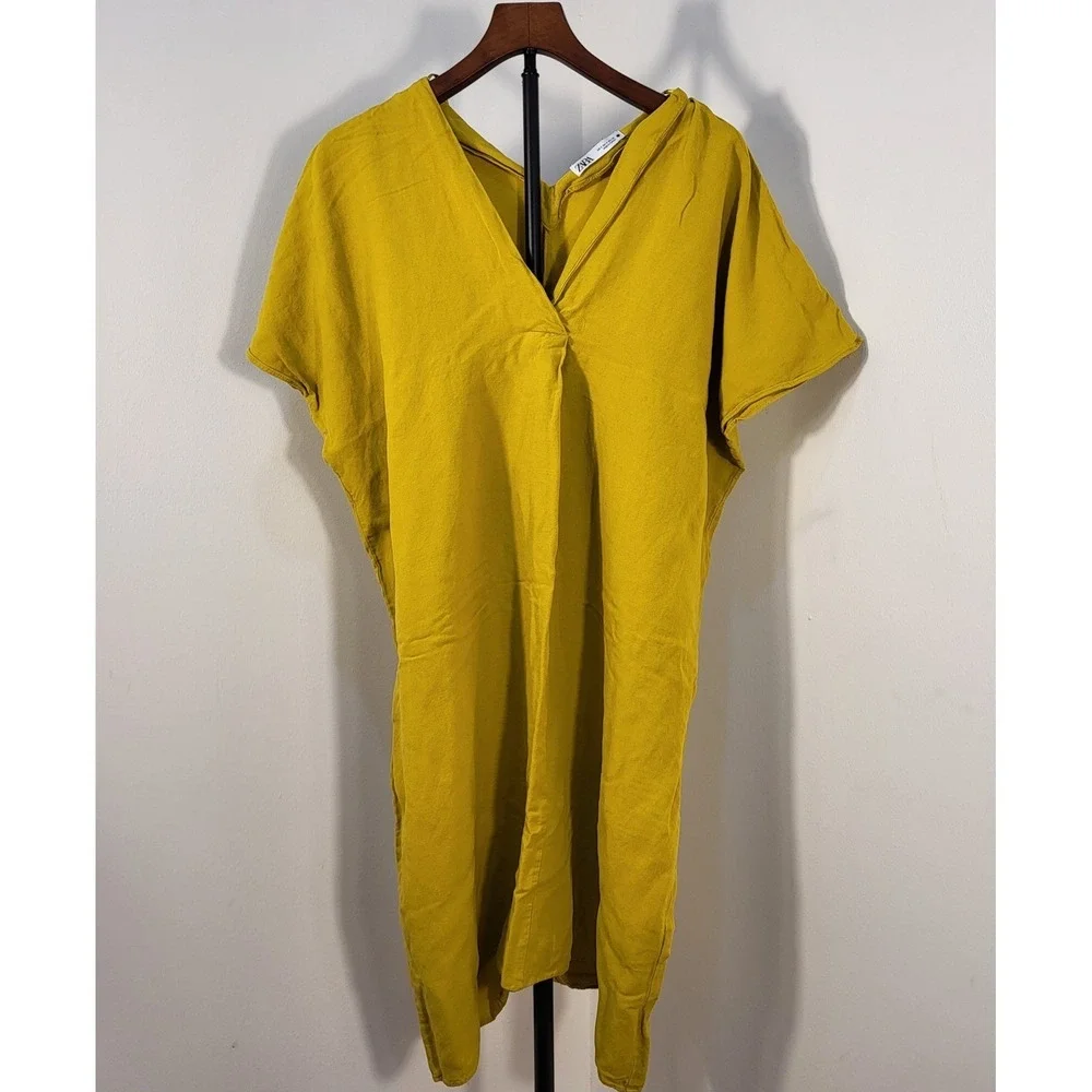Zara Womens S Mustard Yellow V-Neck Dolman Sleeve Oversized Shift Midi Dress
